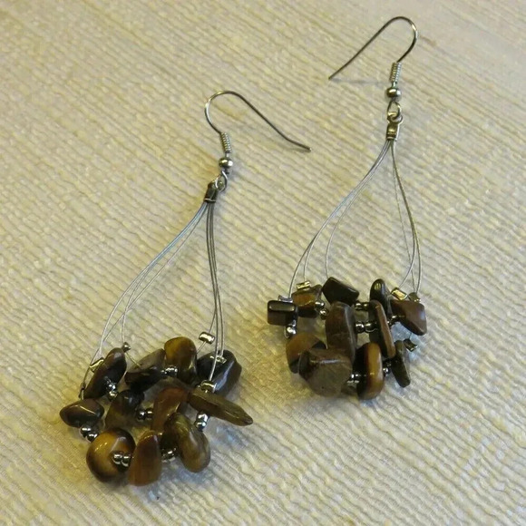 Hand Crafted Tiger's Eye Gemstone Beads Triple Teardrop Loop 70mm Long Earrings - Picture 1 of 1